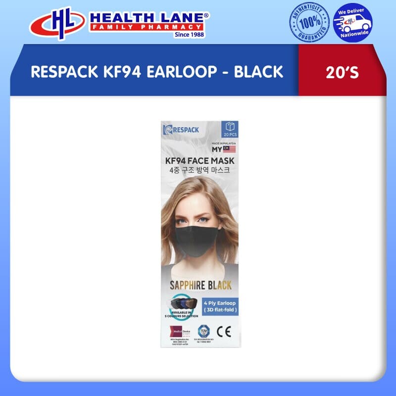 RESPACK DISPOSABLE FACE MASK 4PLY KF94 EARLOOP- BLACK (20'S)